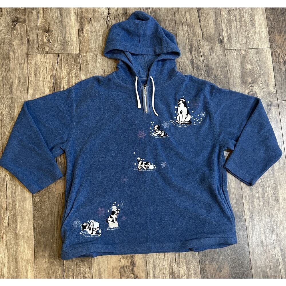 Big Dogs Polar Dogs High-Tech Blue Quarter Zip Puppy Fleece Hoodie Boxy VTG L